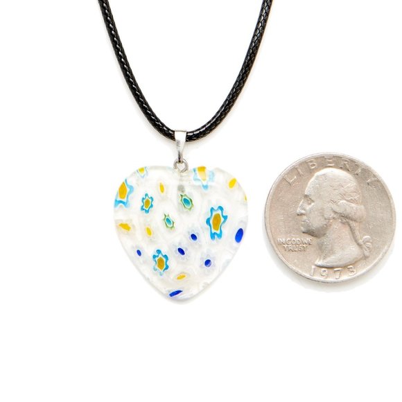 Millefiori Glass Clear Heart Shape with Blue Yellow & Green Flowers Necklace - Picture 3 of 8